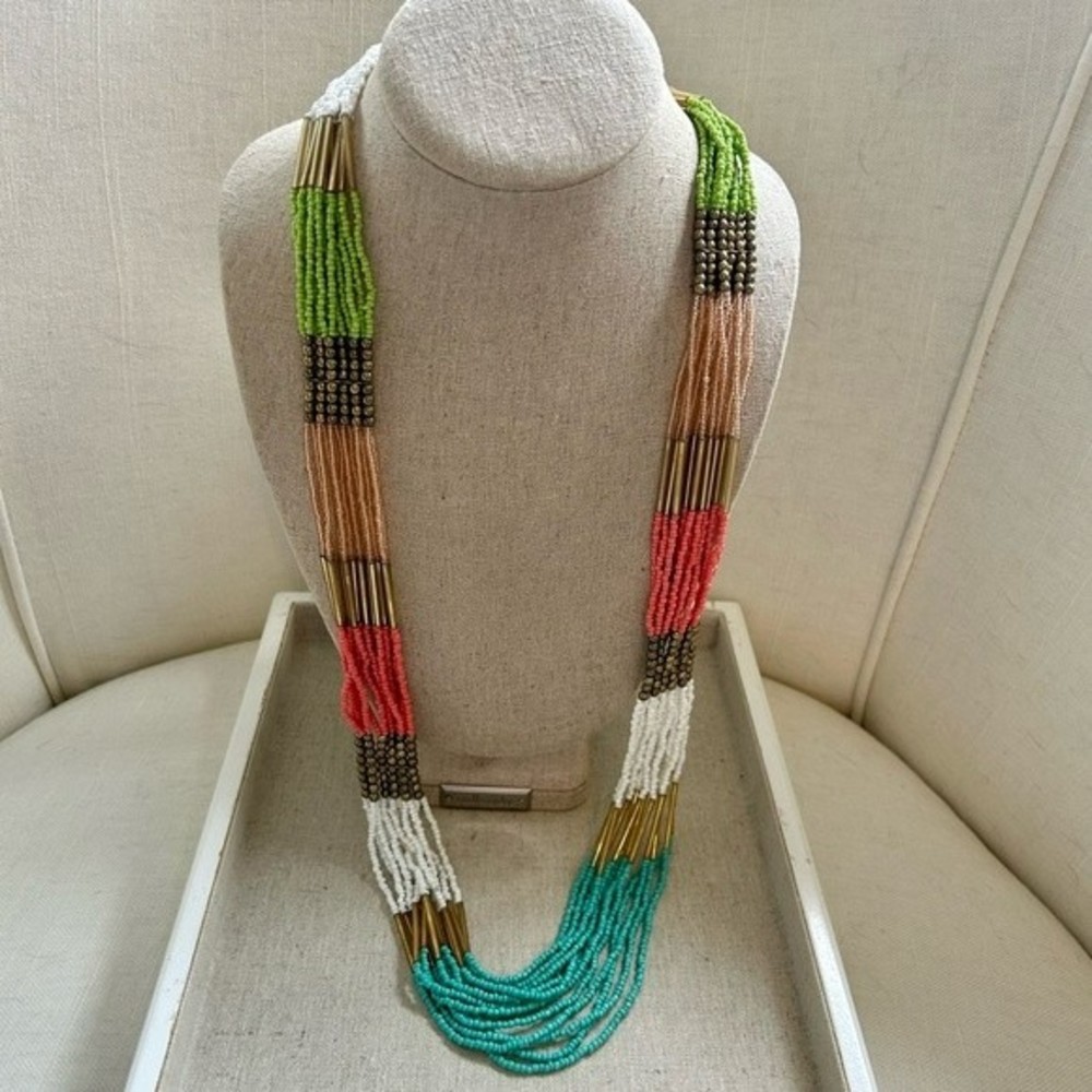 Multi strand multi color beaded long necklace coral green turquoise blue…